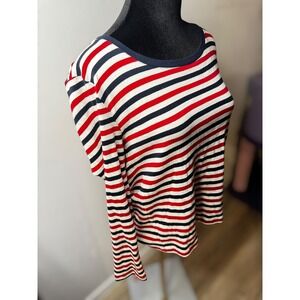 Tommy Hilfiger Preppy Women's Striped Long Sleeve Crew Neck Shirt Red White Blue